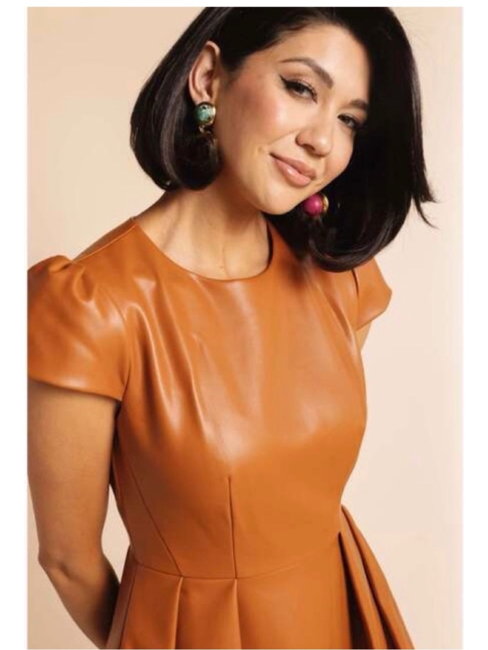 Rachel Parcell Cognac Faux Leather Fit & Flare Mini Dress size 12